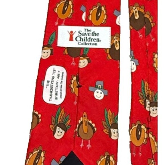 Save the Children Red Silk Tie THANKSGIVING Turkey Vintage 90s USA Made Necktie - Picture 7 of 7